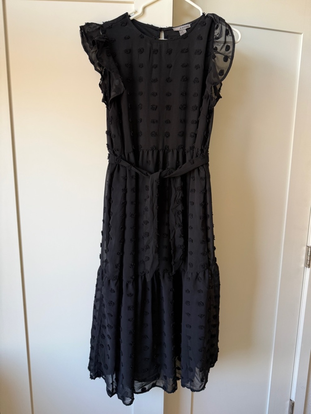 Love By Design Black Swiss Dot Midi Dress with Flutter Sleeves